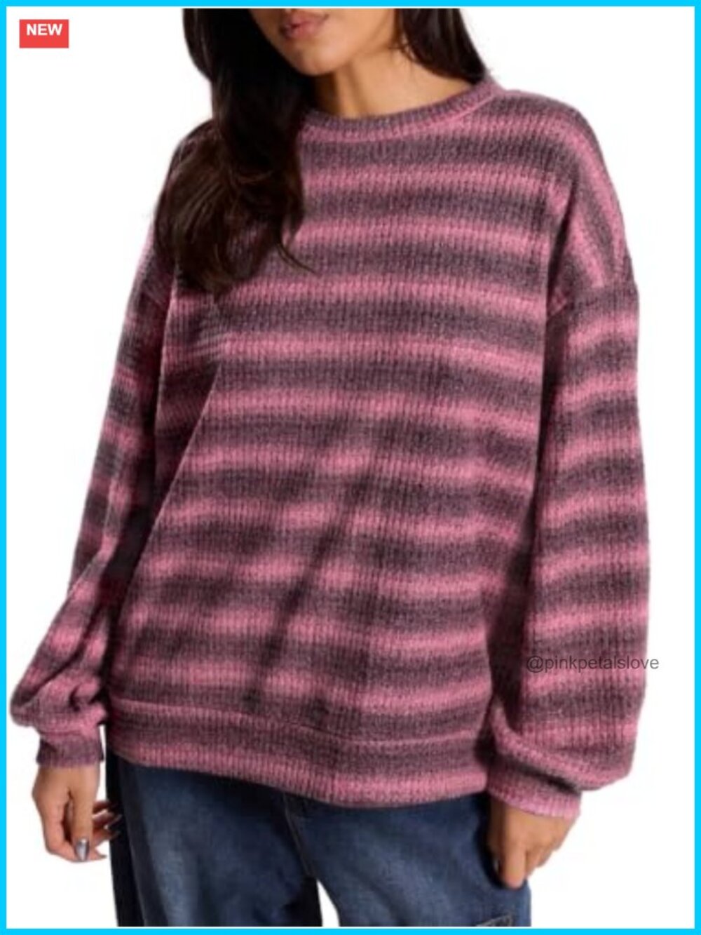 Waffle Knit Striped Long Sleeve Pullover Sweater Womens Casual Top